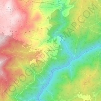 Topografische kaart Mosteirão, hoogte, reliëf