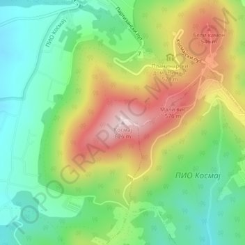 Topografische kaart Kosmaj, hoogte, reliëf