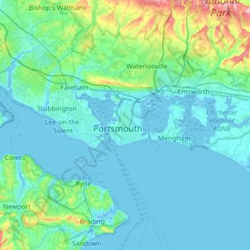 Topografische kaart Portsmouth, hoogte, reliëf