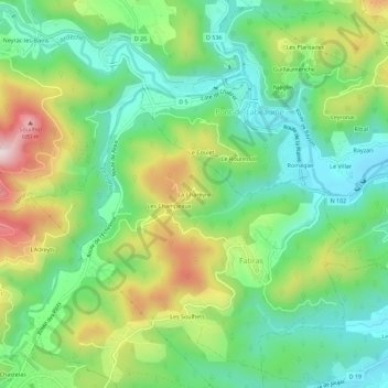 Topografische kaart La Chareyre, hoogte, reliëf