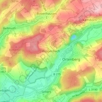 Topografische kaart Wippenbach, hoogte, reliëf