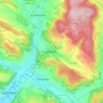 Topografische kaart Wilbich, hoogte, reliëf