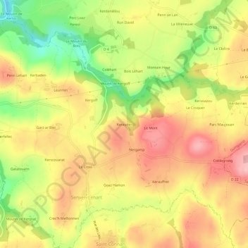 Topografische kaart Kerauder, hoogte, reliëf