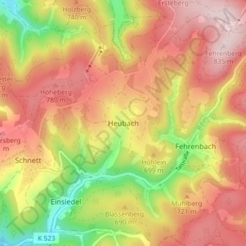 Topografische kaart Heubach, hoogte, reliëf