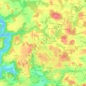 Topografische kaart Kernod, hoogte, reliëf