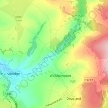 Topografische kaart Huckworthy, hoogte, reliëf