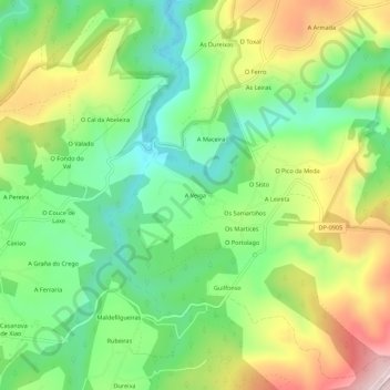 Topografische kaart A Veiga, hoogte, reliëf