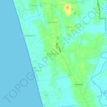Topografische kaart Benaulim, hoogte, reliëf