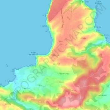 Topografische kaart El Ferrero, hoogte, reliëf