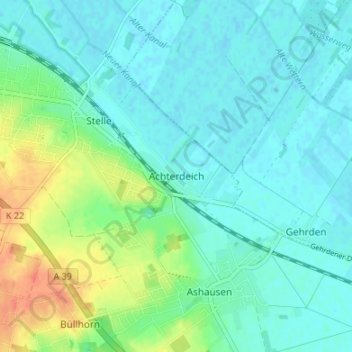 Topografische kaart Achterdeich, hoogte, reliëf