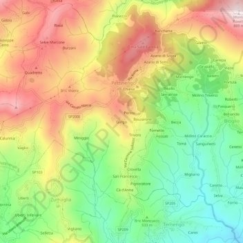Topografische kaart Gurgo, hoogte, reliëf