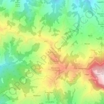 Topografische kaart Moncerrato, hoogte, reliëf