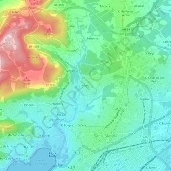 Topografische kaart Pazos, hoogte, reliëf