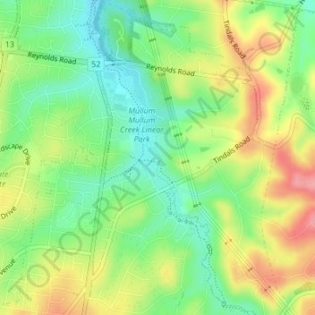 Topografische kaart Mullum-mullum, hoogte, reliëf