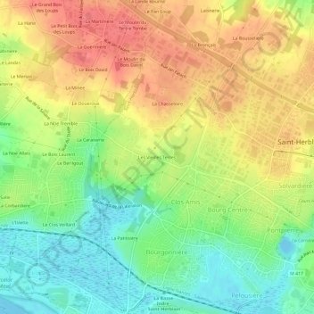 Topografische kaart Les Vieilles Terres, hoogte, reliëf