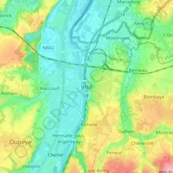 Topografische kaart Visé, hoogte, reliëf