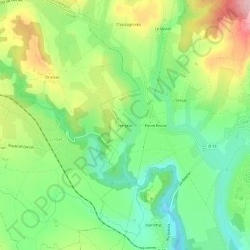 Topografische kaart Vérignac, hoogte, reliëf
