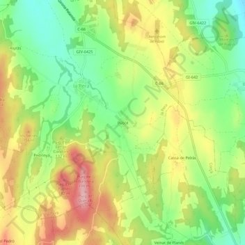 Topografische kaart Púbol, hoogte, reliëf