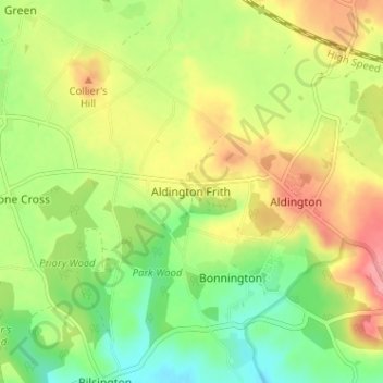Topografische kaart Aldington Frith, hoogte, reliëf