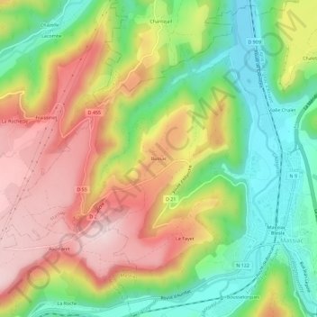 Topografische kaart Bussac, hoogte, reliëf