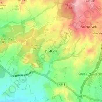 Topografische kaart Dodford, hoogte, reliëf