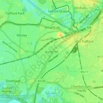 Topografische kaart Gorse Hill, hoogte, reliëf