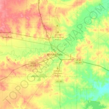 Topografische kaart Wichita Falls, hoogte, reliëf