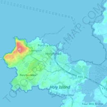 Topografische kaart Holyhead, hoogte, reliëf