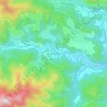 Topografische kaart Neyrac-les-Bains, hoogte, reliëf