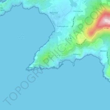 Topografische kaart Cargèse, hoogte, reliëf