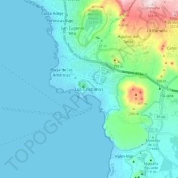 Topografische kaart Los Cristianos, hoogte, reliëf