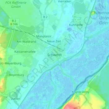 Topografische kaart Schwedt, hoogte, reliëf