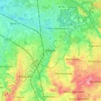 Topografische kaart Bilzen, hoogte, reliëf