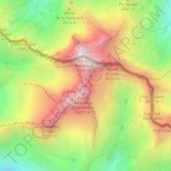 Topografische kaart Aguja Cadier, hoogte, reliëf