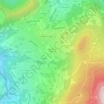 Topografische kaart Le Chenevas, hoogte, reliëf