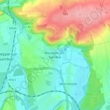 Topografische kaart Moustier-sur-Sambre, hoogte, reliëf