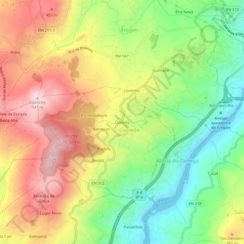 Topografische kaart Outeiro, hoogte, reliëf