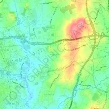 Topografische kaart Nogueira, hoogte, reliëf
