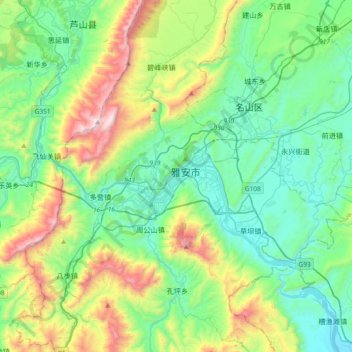 Topografische kaart 雨城区, hoogte, reliëf