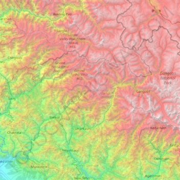Topografische kaart Uttarkashi, hoogte, reliëf