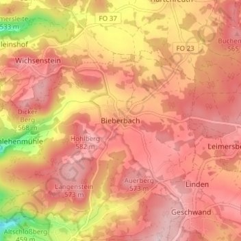 Topografische kaart Bieberbach, hoogte, reliëf