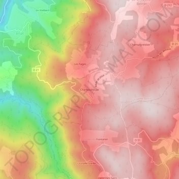 Topografische kaart Charbounouze, hoogte, reliëf