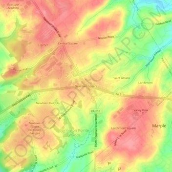 Topografische kaart Newtown Square, hoogte, reliëf