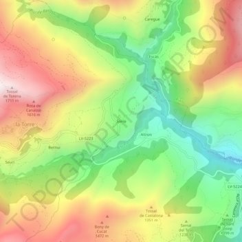 Topografische kaart Sorre, hoogte, reliëf