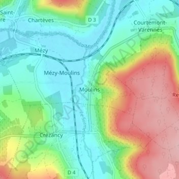 Topografische kaart Moulins, hoogte, reliëf