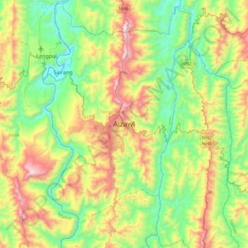 Topografische kaart Aizawl, hoogte, reliëf