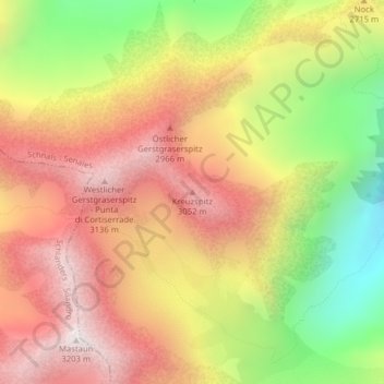 Topografische kaart Kreuzspitz, hoogte, reliëf