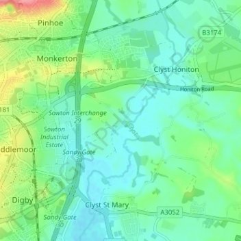 Topografische kaart Sowton Village, hoogte, reliëf