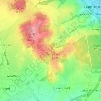 Topografische kaart Boars Hill, hoogte, reliëf