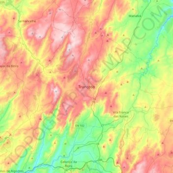 Topografische kaart Trancoso, hoogte, reliëf